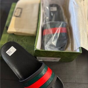 Gucci Black Slides with Red and Green Web Stripes